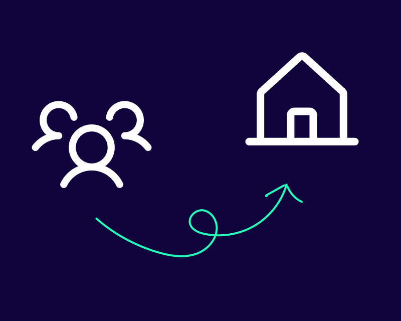 Three-person icon with an arrow pointing at a home, symbolising Florence’s dedicated support for health and care organisations' workforce management.